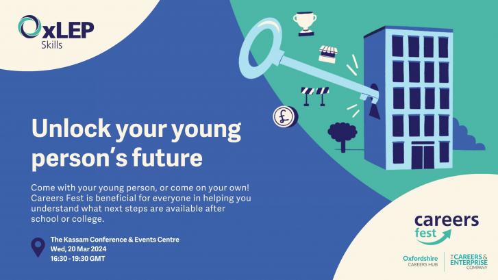 'Unlock your young person's future' text alongside image of key going into office block building
