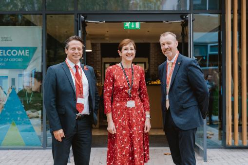 Nigel Huddleston MP, Parliamentary Under-Secretary of State for Sport, Heritage and Tourism; Sally Dicketts CBE, Chief Executive of Activate Learning; Nigel Tipple, Chief Executive of OxLEP; stood outside the new facility