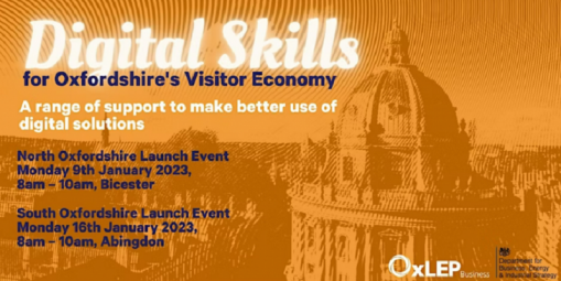 Image of Oxford's 'dreaming spires' overlaid with text reading 'Digital Skills for Oxfordshire's Visitor Economy' with details of the event below